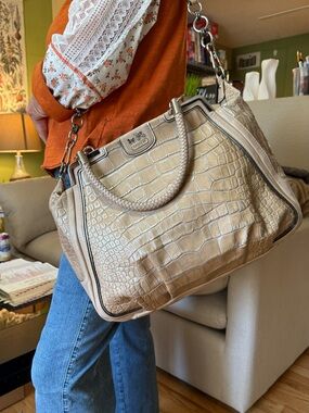 Coach Croc-Embossed Leather Satchel in Light Beige with Braided Top Handle and